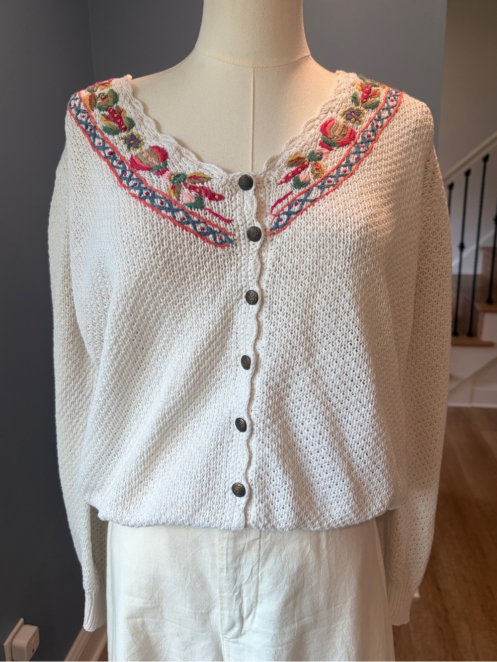Hunters Run Vintage Embroidered Cardigan Cream Floral Folk Boho Large